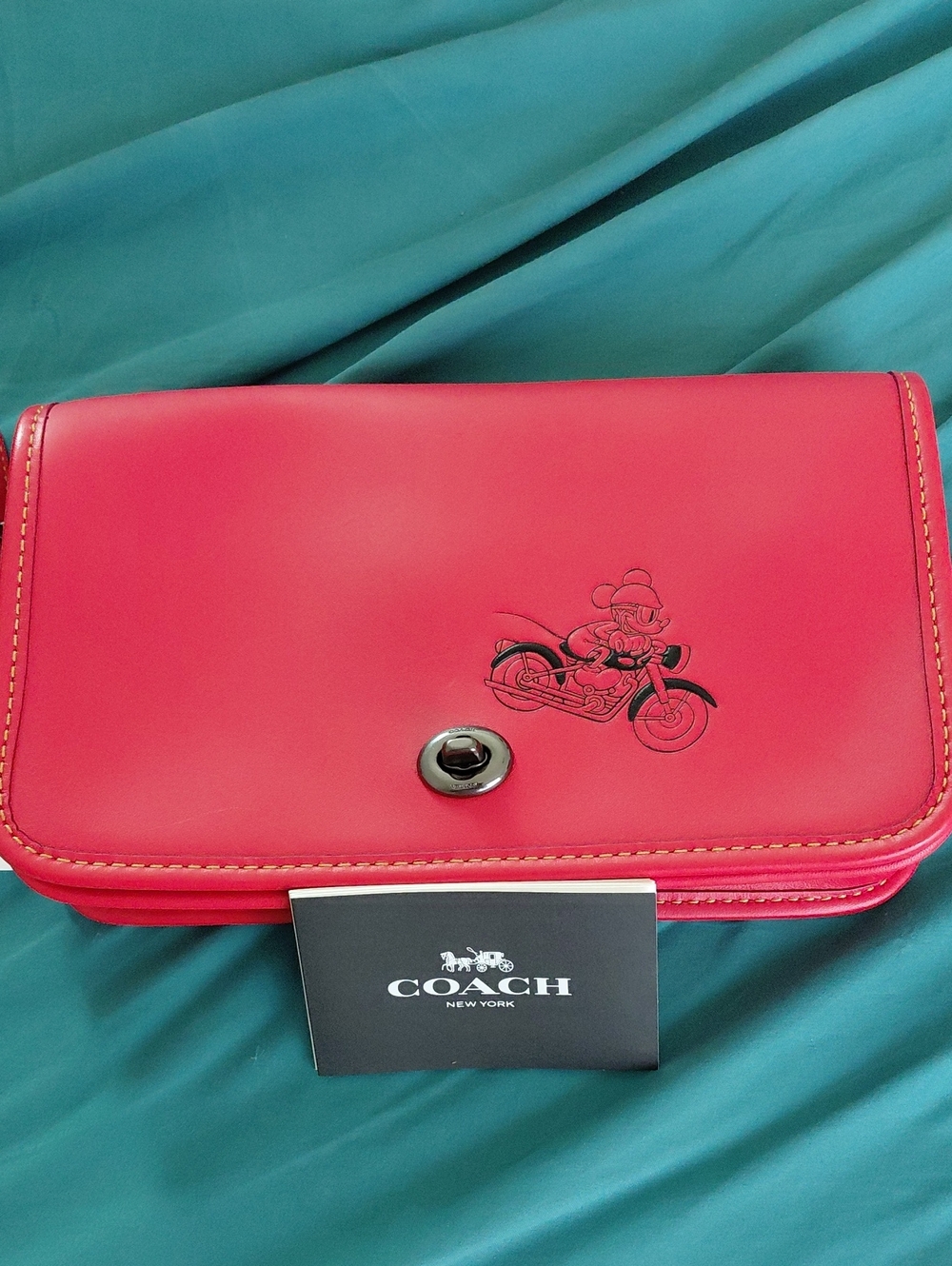 Coach Red Leather Crossbody Wallet with Mickey Mouse Motorcycle Graphic